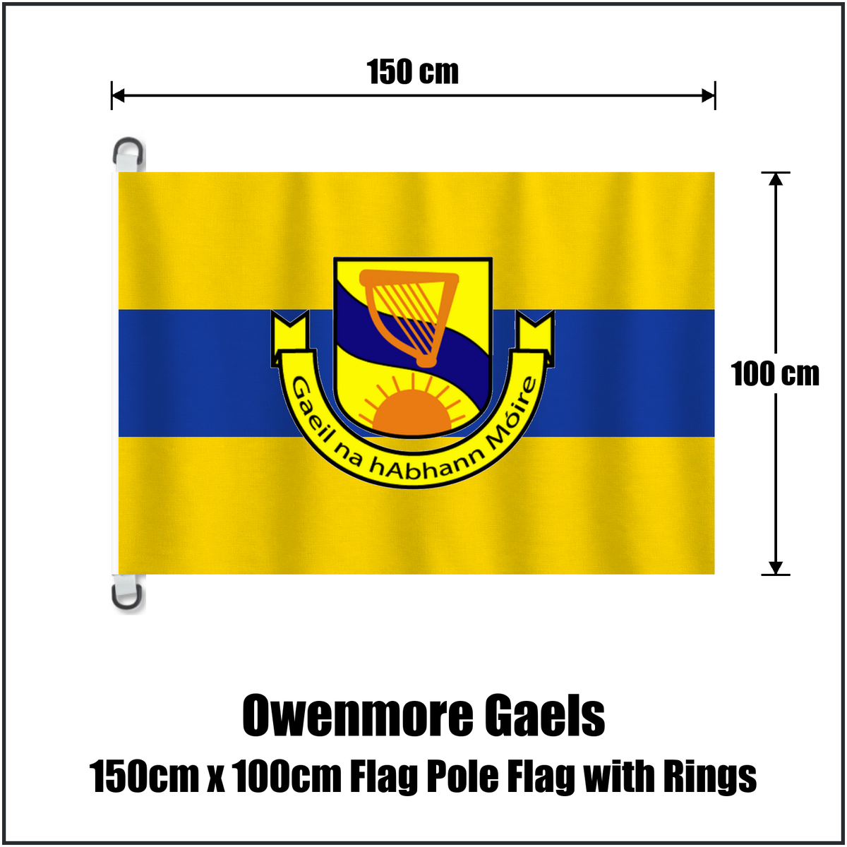 Owenmore Gaels 150cm x 100cm Flag Pole Flag with Rings, featuring the club crest and gold and blue colours; County Sligo GAA. ClubFlags.ie.