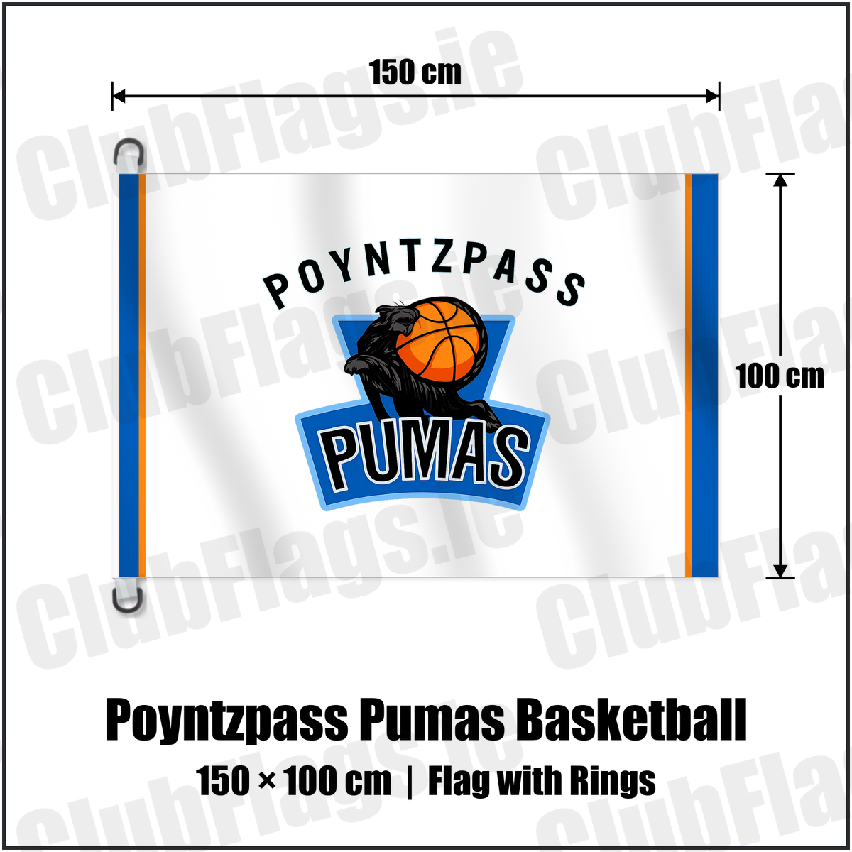 Poyntzpass Pumas Basketball 150cm x 100cm Flag Pole Flag with Rings with the verified club crest and colours, Armagh Basketball - ClubFlags.ie