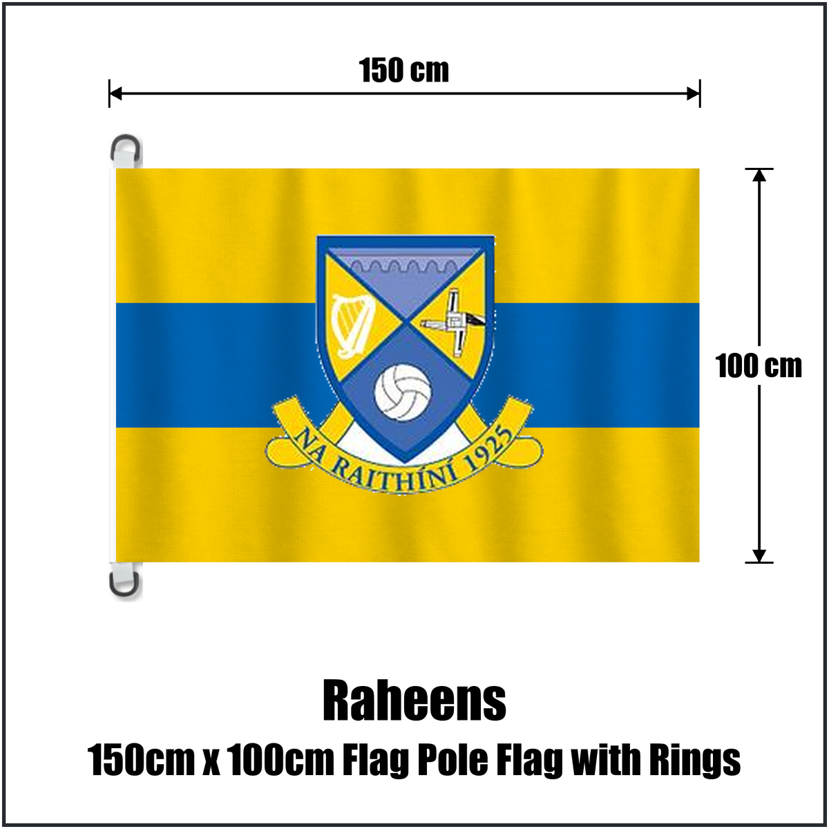 Raheens 150cm x 100cm Flag Pole Flag with Rings, featuring the club crest and saffron and blue colours; County Kildare GAA. ClubFlags.ie.