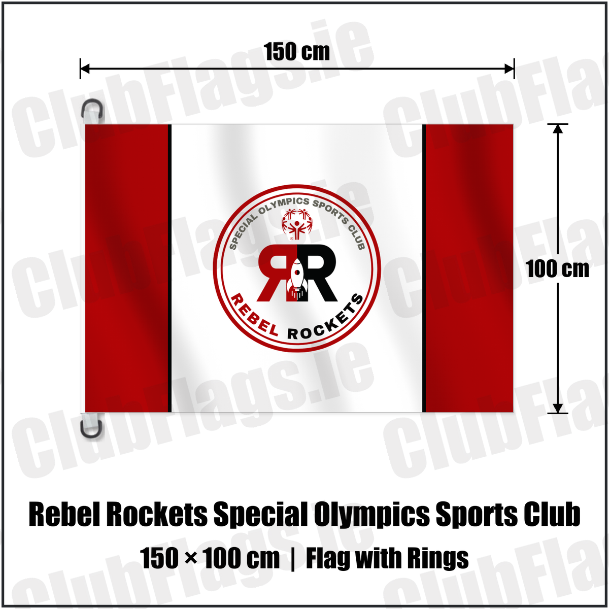 Rebel Rockets Special Olympics Sports Club 150cm x 100cm Flag Pole Flag with Rings with the club crest and colours, Cork Basketball - ClubFlags.ie