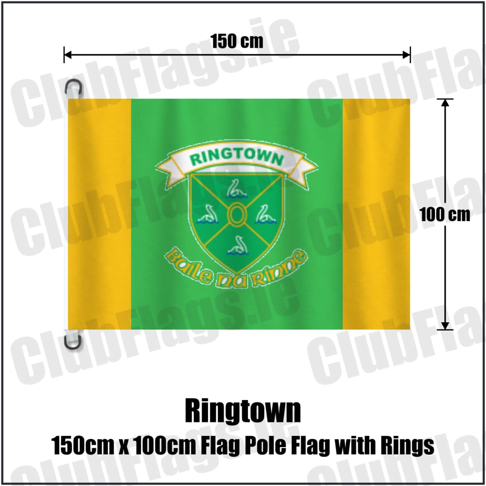 Ringtown 150cm x 100cm Flag Pole Flag with Rings in green and gold, featuring the club crest on realistic fabric with gentle vertical folds; County Westmeath GAA. ClubFlags.ie.