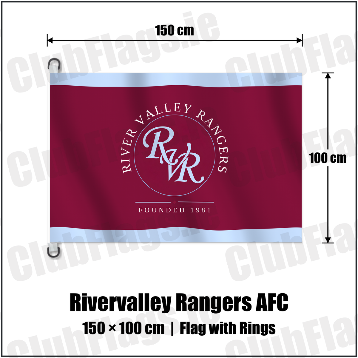 Rivervalley Rangers AFC 150cm x 100cm Flag Pole Flag with Rings with the club crest and colours, Dublin Football - ClubFlags.ie
