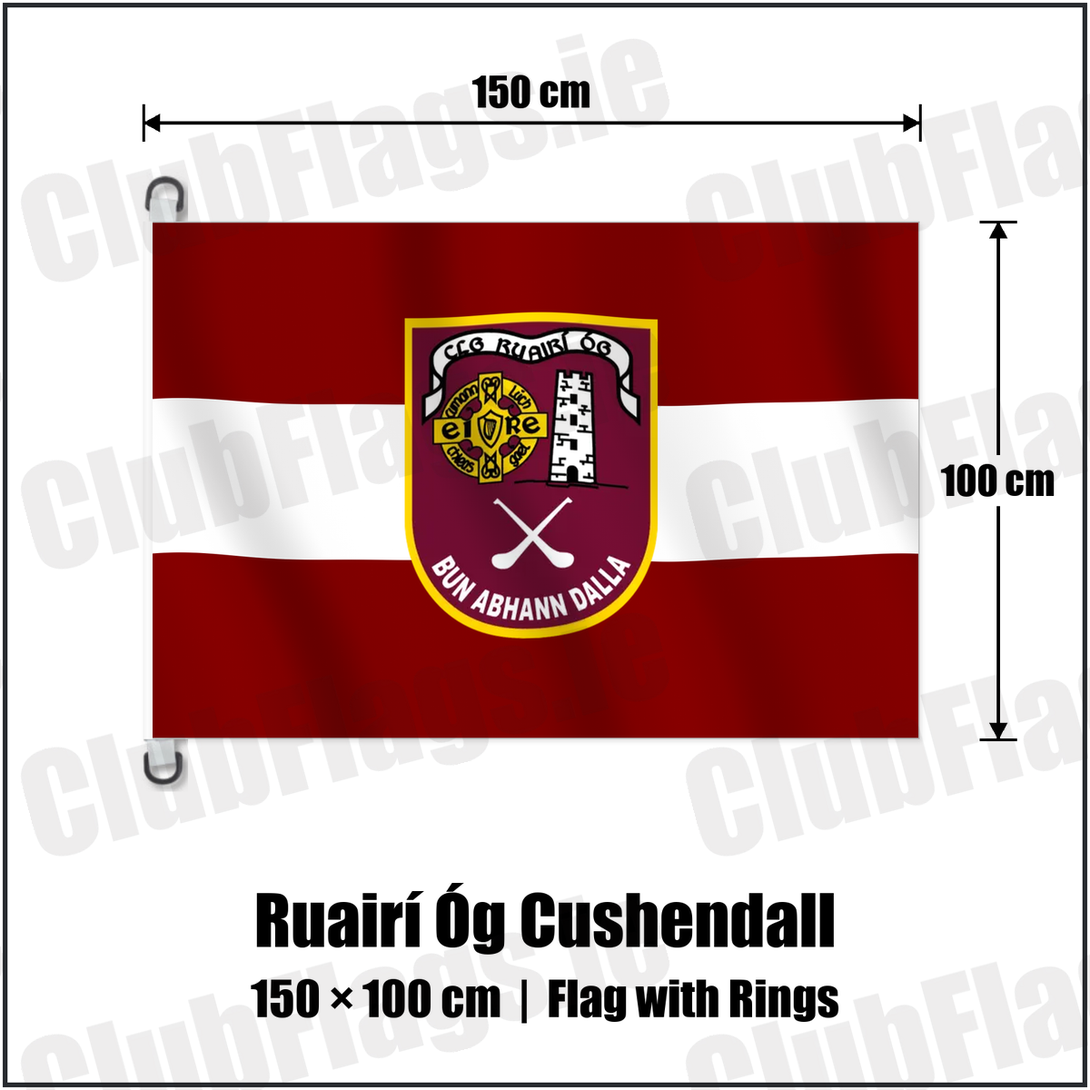 Ruairí Óg Cushendall 150cm x 100cm Flag Pole Flag with Rings with the verified club crest and colours, Antrim GAA - ClubFlags.ie