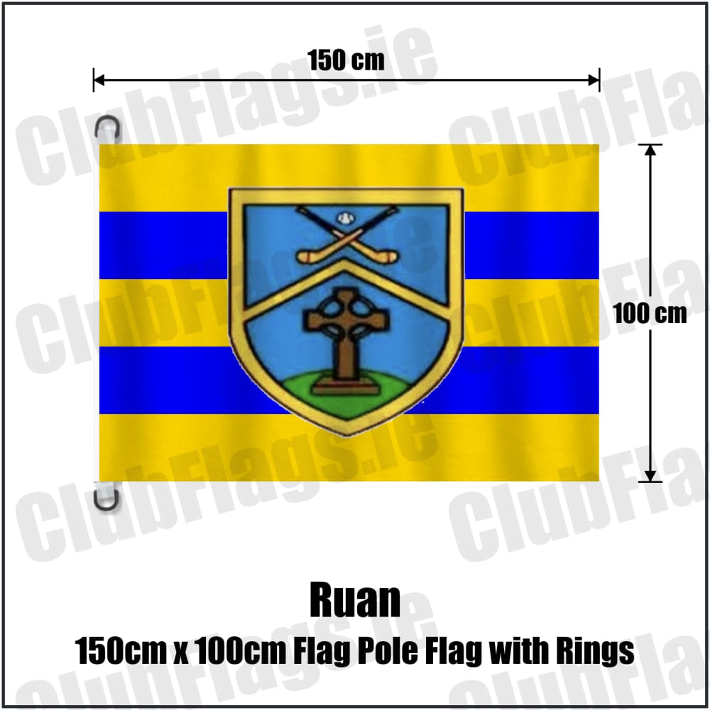 Ruan 150cm x 100cm Flag Pole Flag with Rings in saffron and blue, featuring the club crest on realistic fabric with gentle vertical folds; County Clare GAA. ClubFlags.ie.