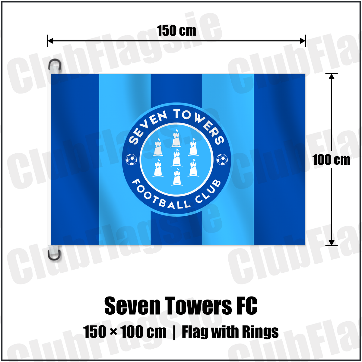 Seven Towers FC 150cm x 100cm Flag Pole Flag with Rings with the club crest and colours, Antrim Football - ClubFlags.ie