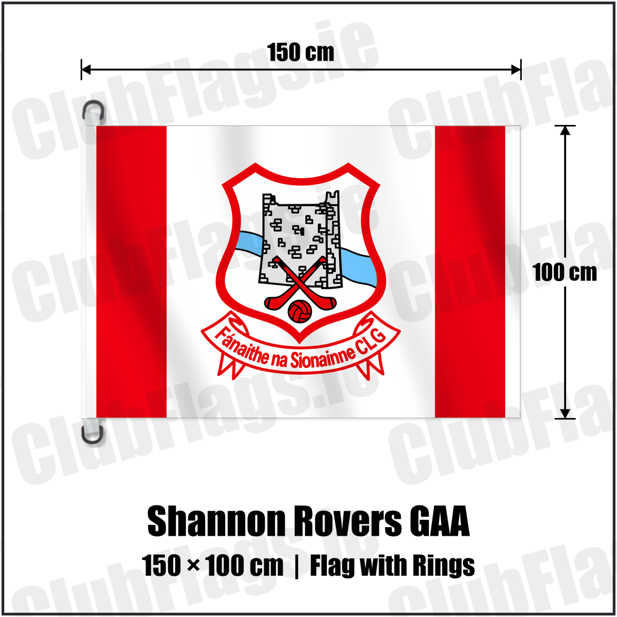 Shannon Rovers GAA 150cm x 100cm Flag Pole Flag with Rings with the club crest and colours, Tipperary GAA - ClubFlags.ie