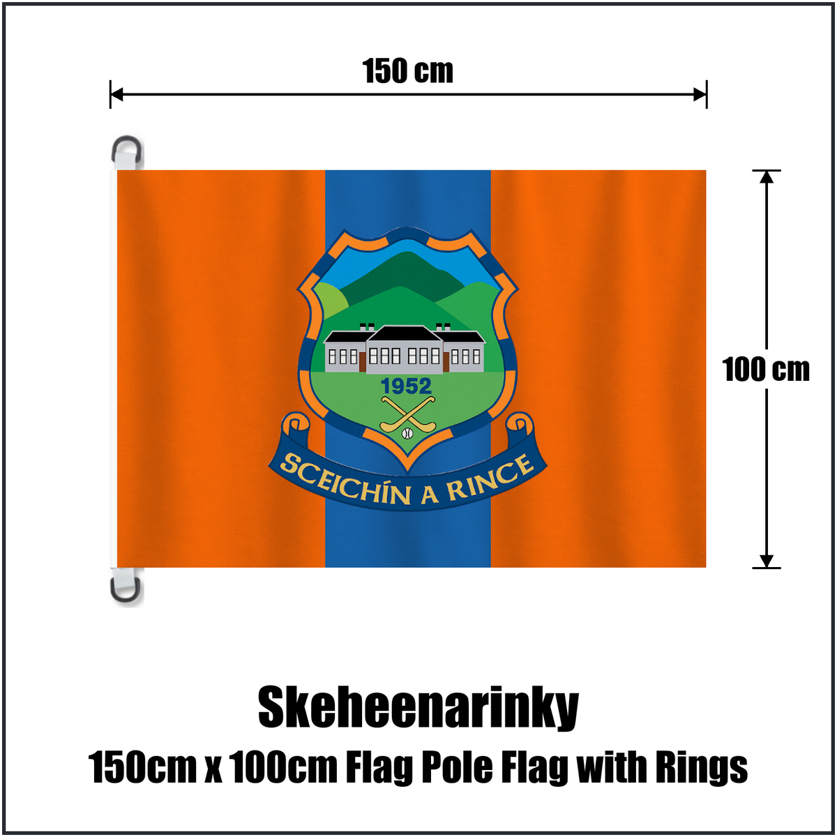Skeheenarinky 150cm x 100cm Flag Pole Flag with Rings, featuring the club crest and orange and blue colours; County Tipperary GAA. ClubFlags.ie.