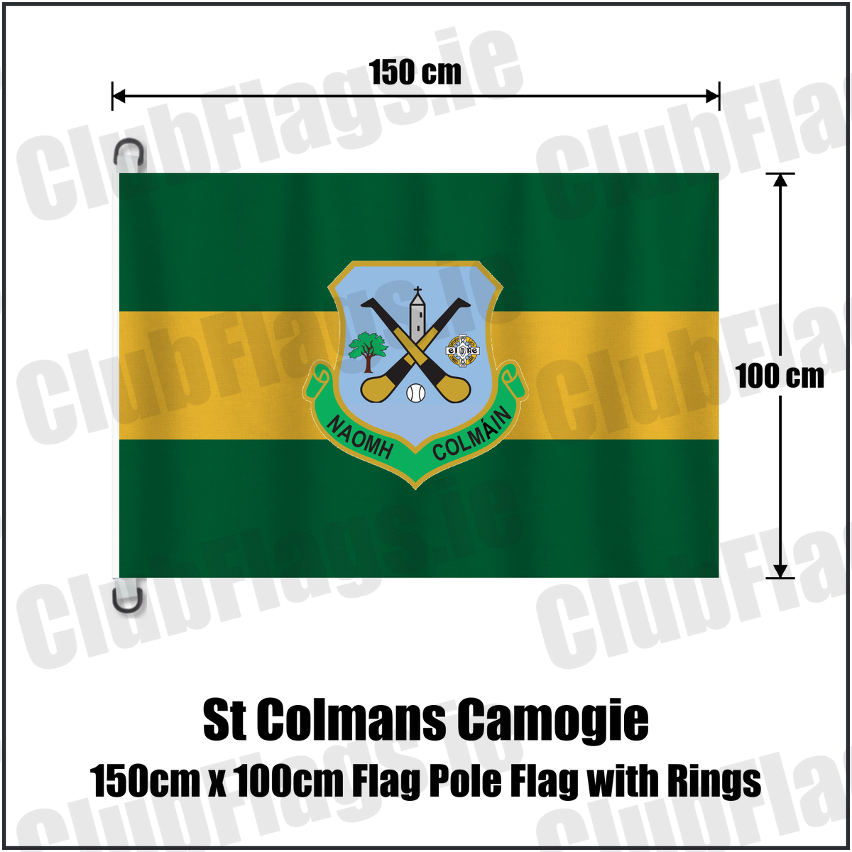 St Colmans Camogie 150cm x 100cm Flag Pole Flag with Rings, featuring the club crest and green and amber colours; County Galway camogie. ClubFlags.ie.