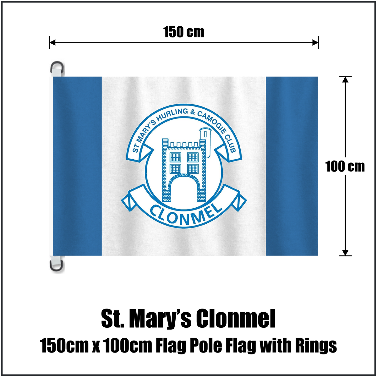 St. Mary’s Clonmel 150cm x 100cm Flag Pole Flag with Rings, featuring the club crest and blue and white colours; County Tipperary GAA. ClubFlags.ie.