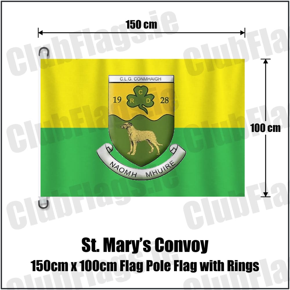 St. Mary’s Convoy 150cm x 100cm Flag Pole Flag with Rings in green and gold, featuring the club crest on realistic fabric with gentle vertical folds; County Donegal GAA. ClubFlags.ie.