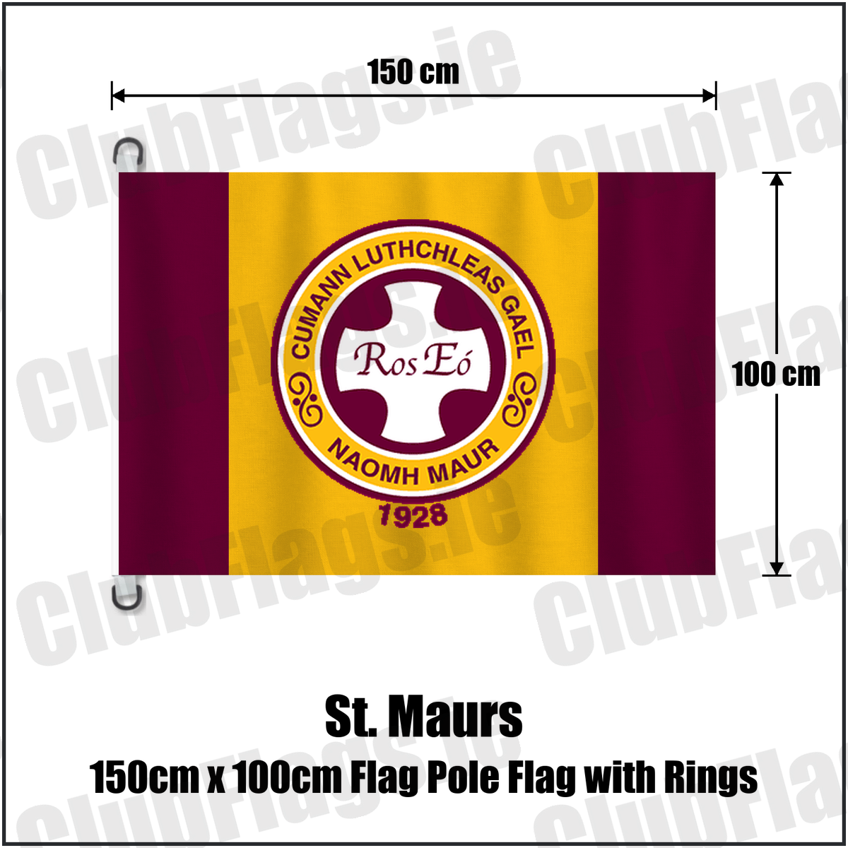 St. Maurs 150cm x 100cm Flag Pole Flag with Rings, featuring the club crest and maroon and gold colours; County Dublin GAA. ClubFlags.ie.