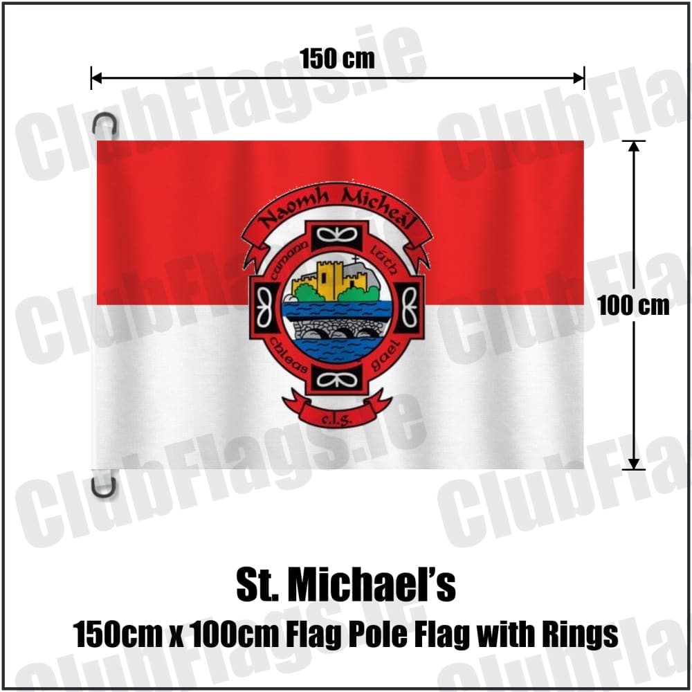 St. Michael’s 150cm x 100cm Flag Pole Flag with Rings in red and white, featuring the club crest on realistic fabric with gentle vertical folds; County Donegal GAA. ClubFlags.ie.