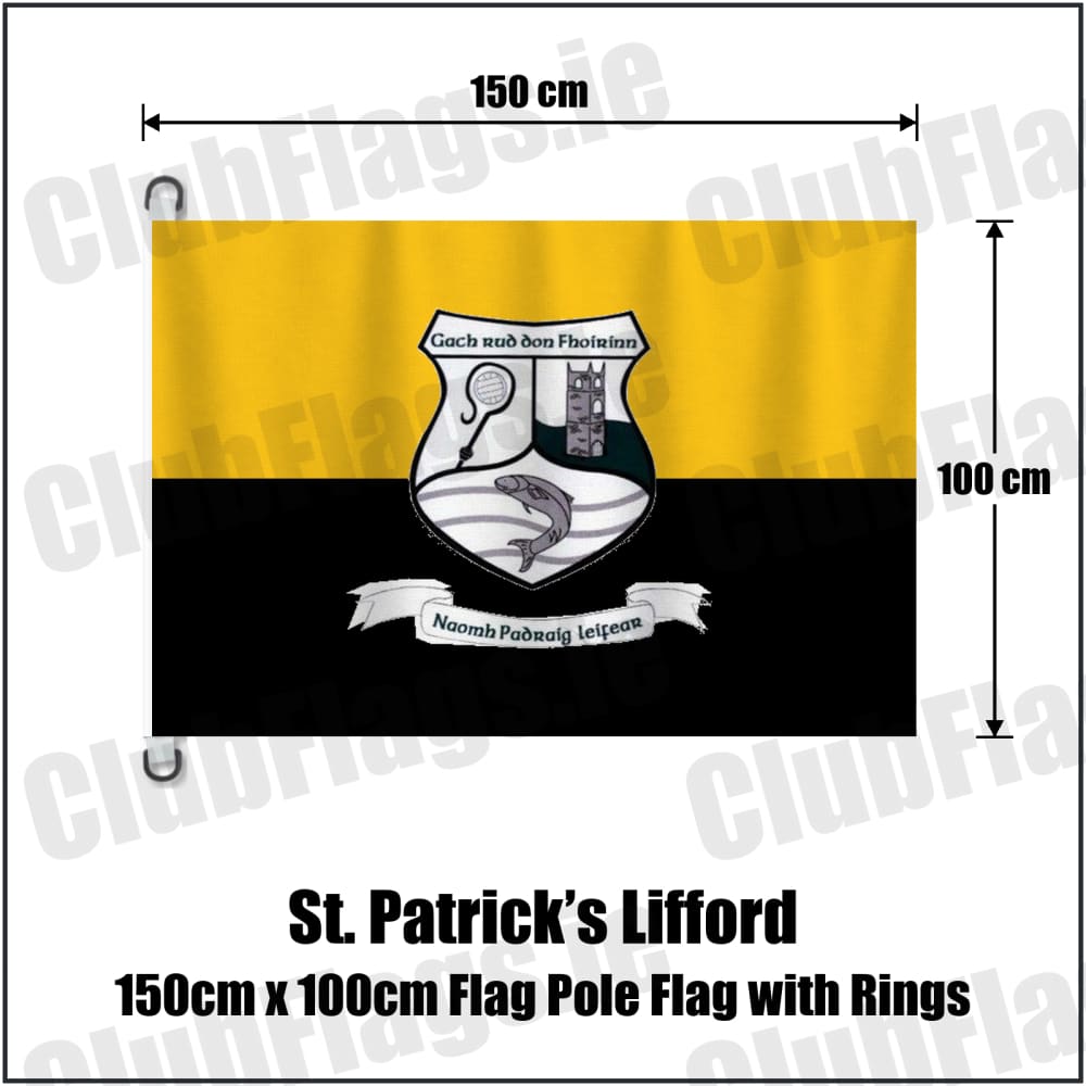 St. Patrick’s Lifford 150cm x 100cm Flag Pole Flag with Rings in gold and black, featuring the club crest on realistic fabric with gentle vertical folds; County Donegal GAA. ClubFlags.ie.