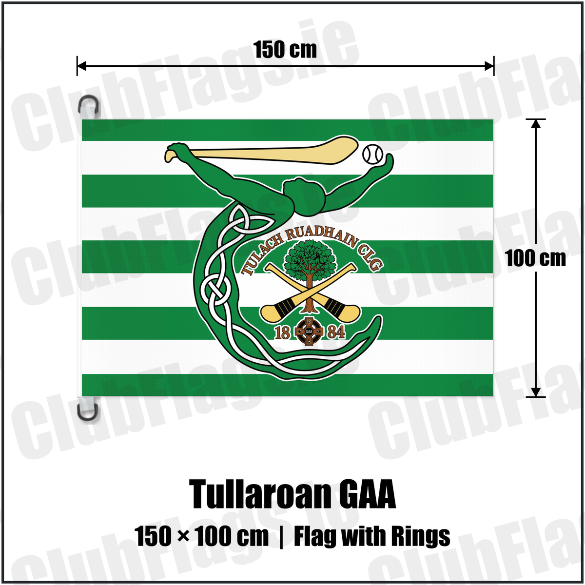 Tullaroan GAA 150cm x 100cm Flag Pole Flag with Rings with the club crest and colours, Kilkenny GAA - ClubFlags.ie
