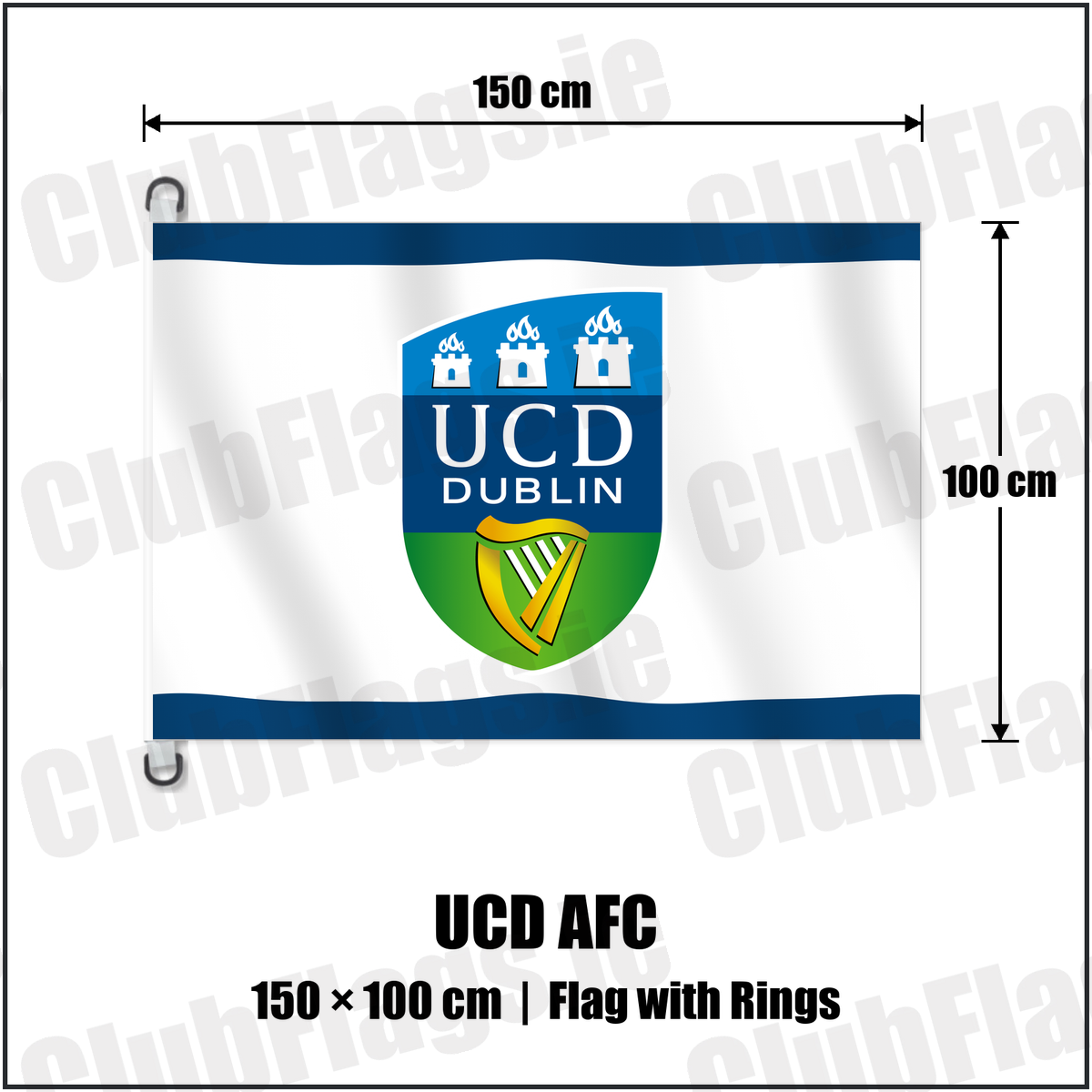 UCD AFC 150cm x 100cm Flag Pole Flag with Rings with the club crest and colours, Dublin Football - ClubFlags.ie