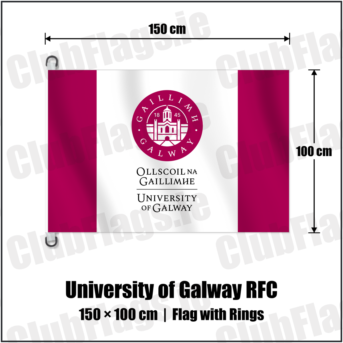 University of Galway RFC 150cm x 100cm Flag Pole Flag with Rings with the club crest and colours, Galway Rugby - ClubFlags.ie