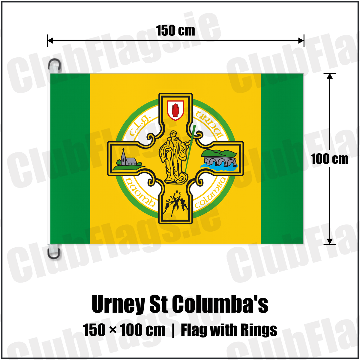 Urney St Columba's 150cm x 100cm Flag Pole Flag with Rings with the club crest and colours, Tyrone GAA - ClubFlags.ie