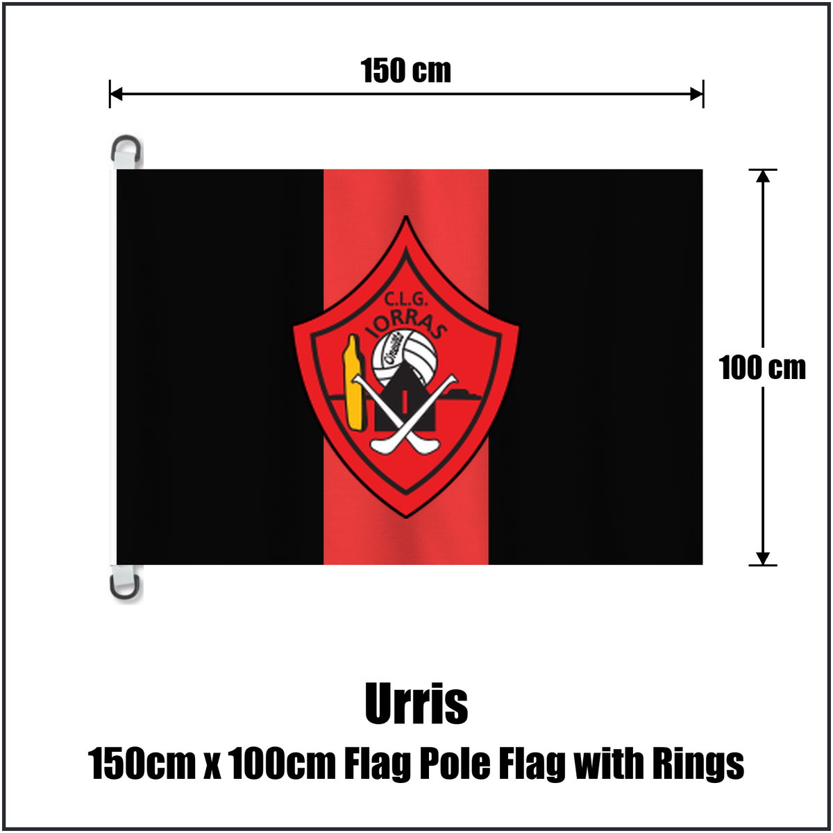 Urris 150cm x 100cm Flag Pole Flag with Rings, featuring the club crest and red and black colours; County Donegal GAA. ClubFlags.ie.