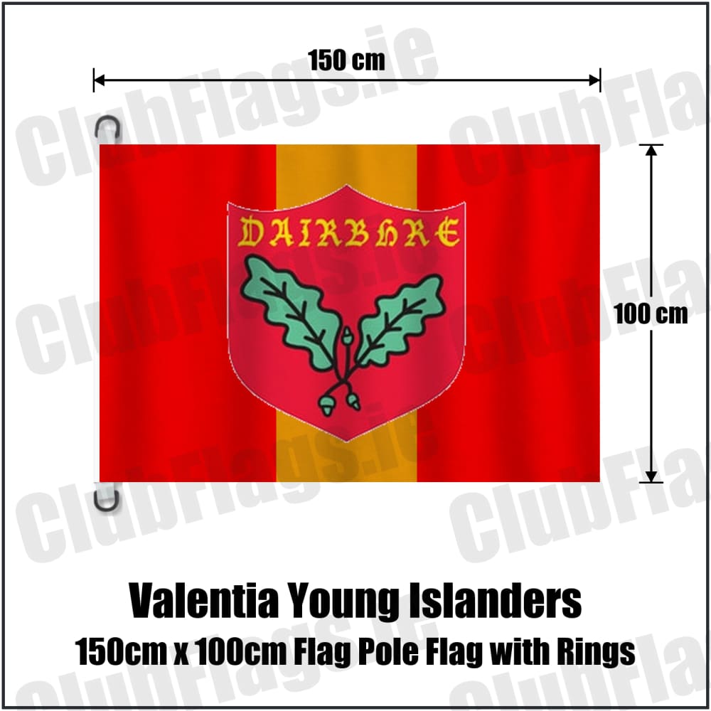 Valentia Young Islanders 150cm x 100cm Flag Pole Flag with Rings in red and gold, featuring the club crest on realistic fabric with gentle vertical folds; County Kerry GAA. ClubFlags.ie.