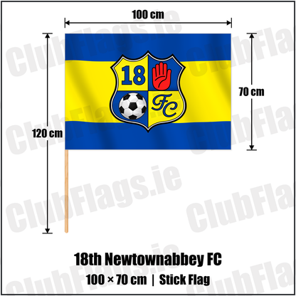 18th Newtownabbey FC 70cm x 100cm Stick Flag with the club crest and colours, Antrim Football - ClubFlags.ie