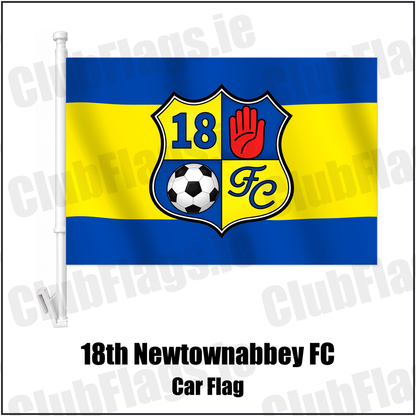 18th Newtownabbey FC Car Flag with the club crest and colours, Antrim Football - ClubFlags.ie