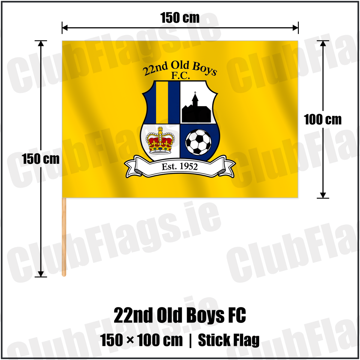 22nd Old Boys FC 100cm x 150cm Stick Flag with the club crest and colours, Antrim Football - ClubFlags.ie