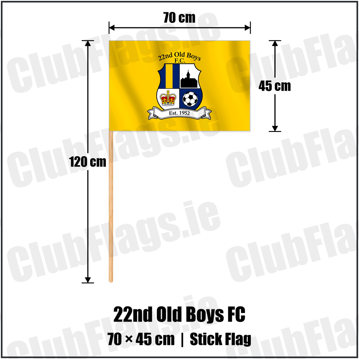 22nd Old Boys FC 45cm x 70cm Stick Flag with the club crest and colours, Antrim Football - ClubFlags.ie