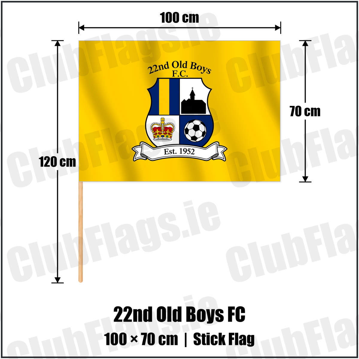 22nd Old Boys FC 70cm x 100cm Stick Flag with the club crest and colours, Antrim Football - ClubFlags.ie