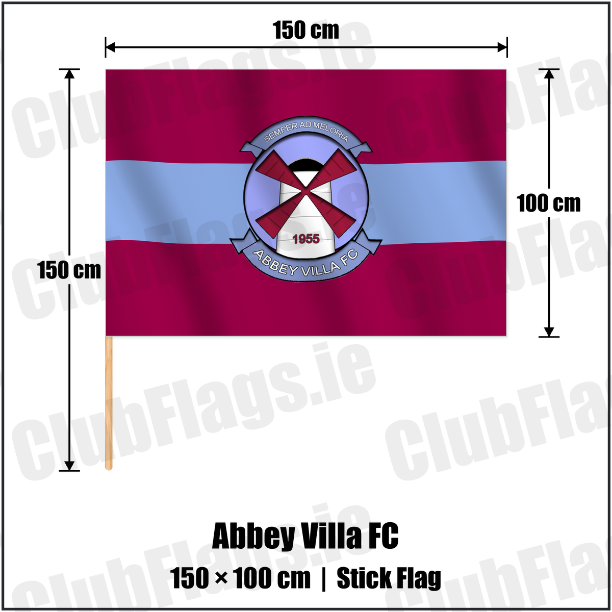Abbey Villa FC 100cm x 150cm Stick Flag with the verified club crest and colours, Down Football - ClubFlags.ie