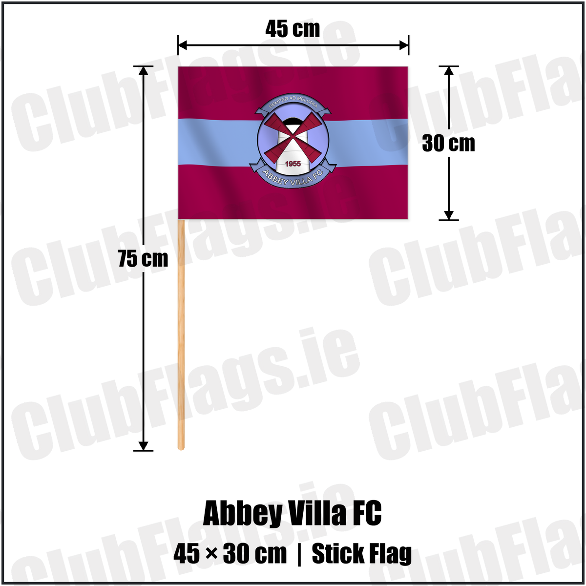 Abbey Villa FC 30cm x 45cm Stick Flag with the verified club crest and colours, Down Football - ClubFlags.ie