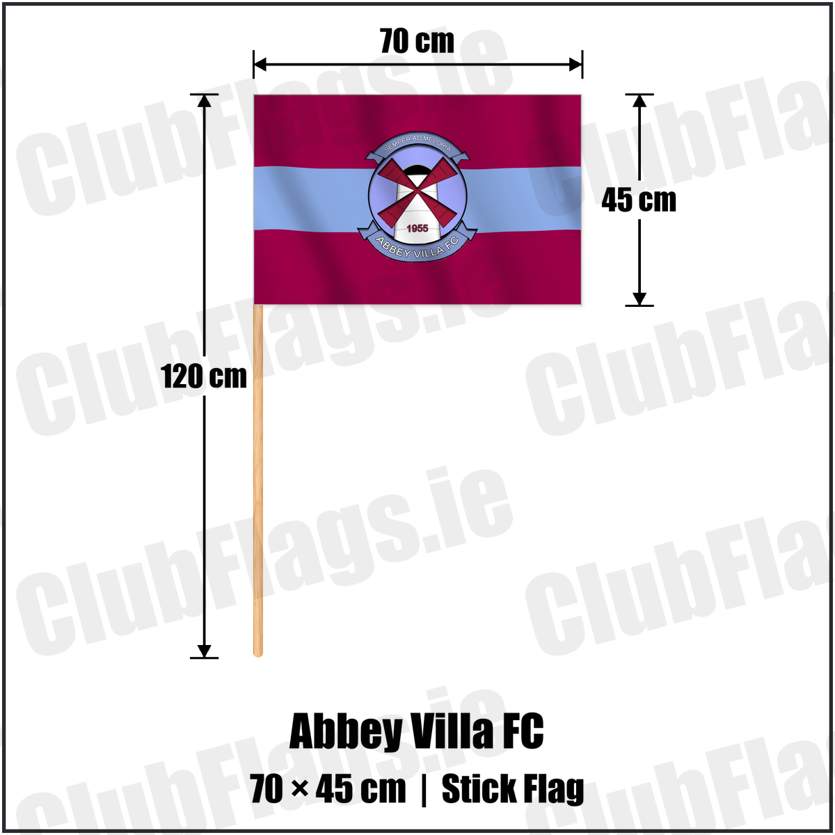 Abbey Villa FC 45cm x 70cm Stick Flag with the verified club crest and colours, Down Football - ClubFlags.ie