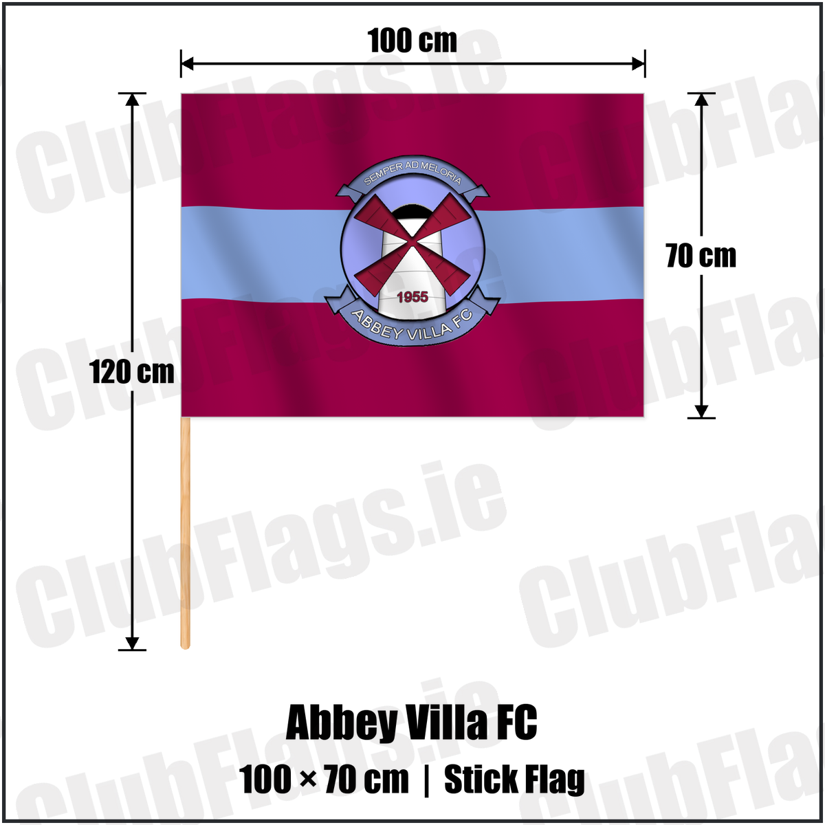 Abbey Villa FC 70cm x 100cm Stick Flag with the verified club crest and colours, Down Football - ClubFlags.ie
