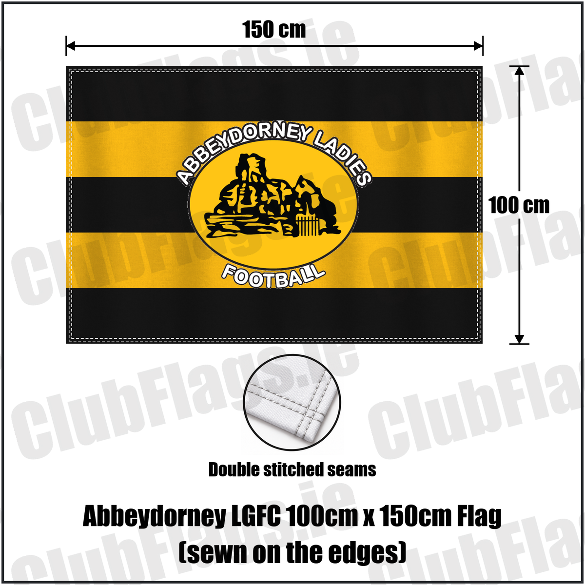 Abbeydorney LGFC 100cm x 150cm Flag (sewn on the edges), featuring the club crest and black and amber colours; ladies Gaelic football club, County Kerry. ClubFlags.ie.
