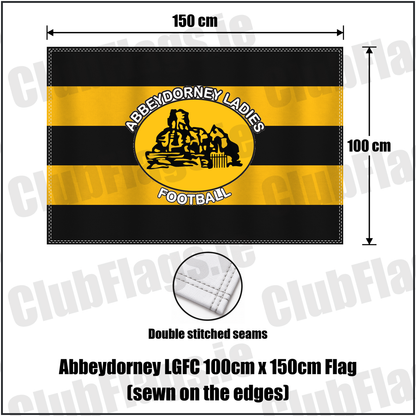 Abbeydorney LGFC 100cm x 150cm Flag (sewn on the edges), featuring the club crest and black and amber colours; ladies Gaelic football club, County Kerry. ClubFlags.ie.