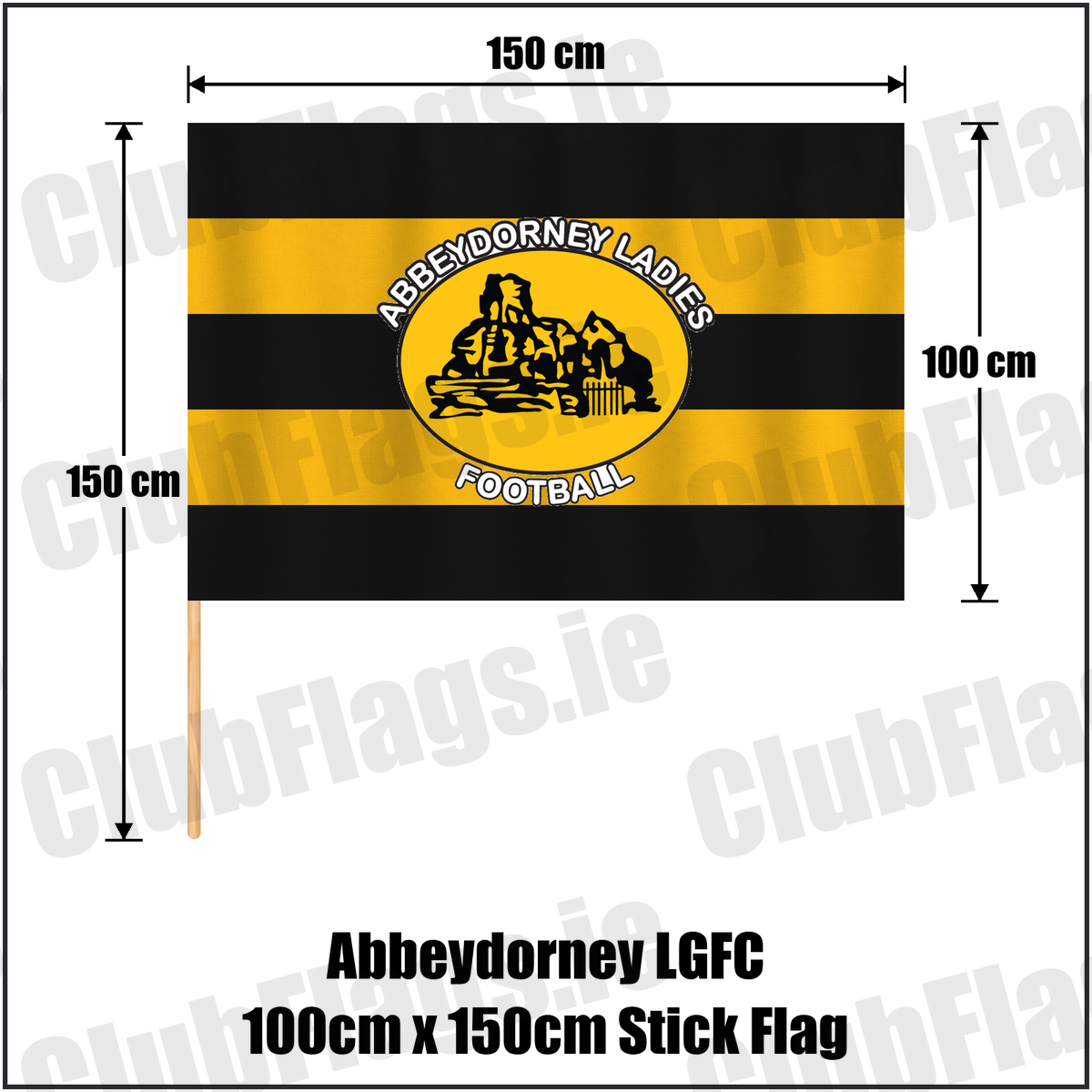 Abbeydorney LGFC 100cm x 150cm Stick Flag, featuring the club crest and black and amber colours; ladies Gaelic football club, County Kerry. ClubFlags.ie.