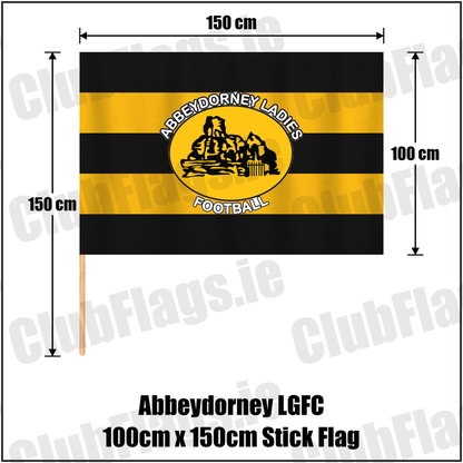 Abbeydorney LGFC 100cm x 150cm Stick Flag, featuring the club crest and black and amber colours; ladies Gaelic football club, County Kerry. ClubFlags.ie.
