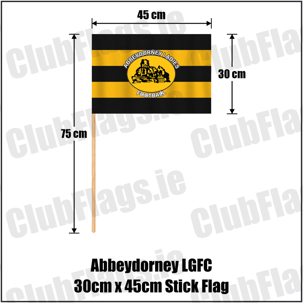 Abbeydorney LGFC 30cm x 45cm Stick Flag, featuring the club crest and black and amber colours; ladies Gaelic football club, County Kerry. ClubFlags.ie.