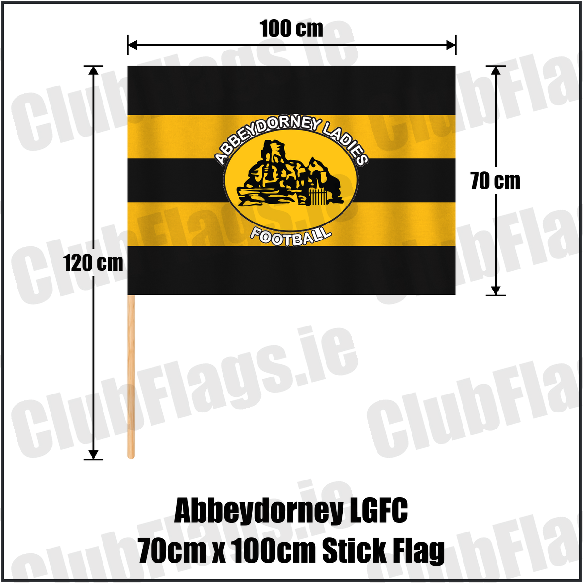 Abbeydorney LGFC 70cm x 100cm Stick Flag, featuring the club crest and black and amber colours; ladies Gaelic football club, County Kerry. ClubFlags.ie.