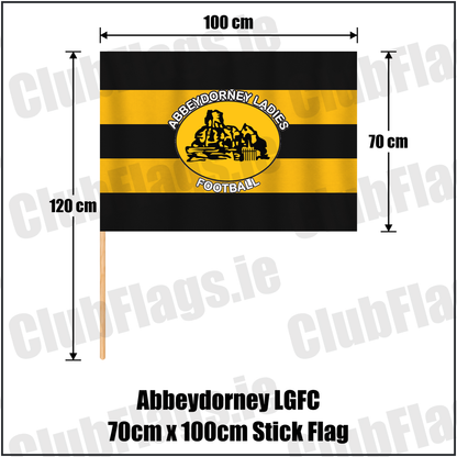 Abbeydorney LGFC 70cm x 100cm Stick Flag, featuring the club crest and black and amber colours; ladies Gaelic football club, County Kerry. ClubFlags.ie.