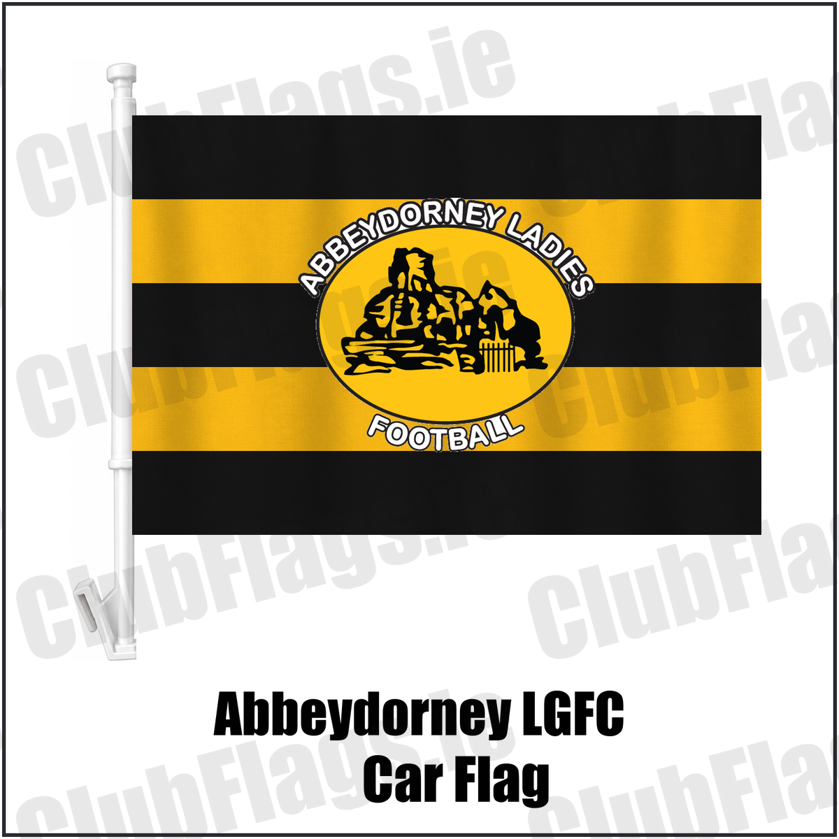Abbeydorney LGFC Car Flag, featuring the club crest and black and amber colours; ladies Gaelic football club, County Kerry. ClubFlags.ie.