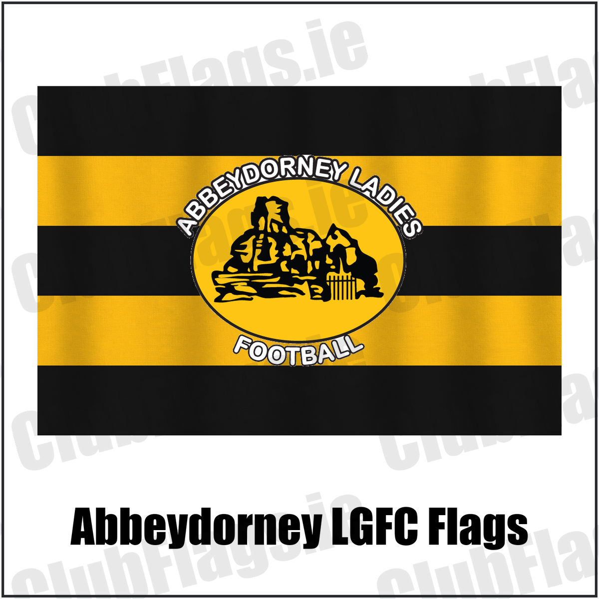 Abbeydorney LGFC Flags, featuring the club crest and black and amber colours; ladies Gaelic football club, County Kerry. ClubFlags.ie.