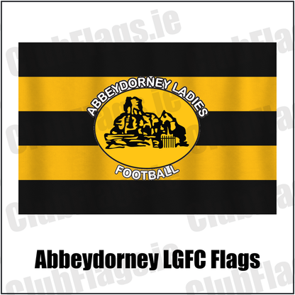 Abbeydorney LGFC Flags, featuring the club crest and black and amber colours; ladies Gaelic football club, County Kerry. ClubFlags.ie.