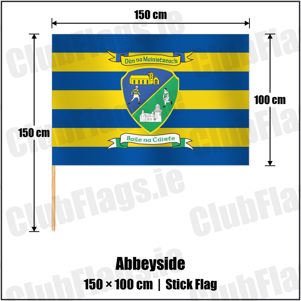 Abbeyside 100cm x 150cm Stick Flag with the club crest and colours, Waterford GAA - ClubFlags.ie