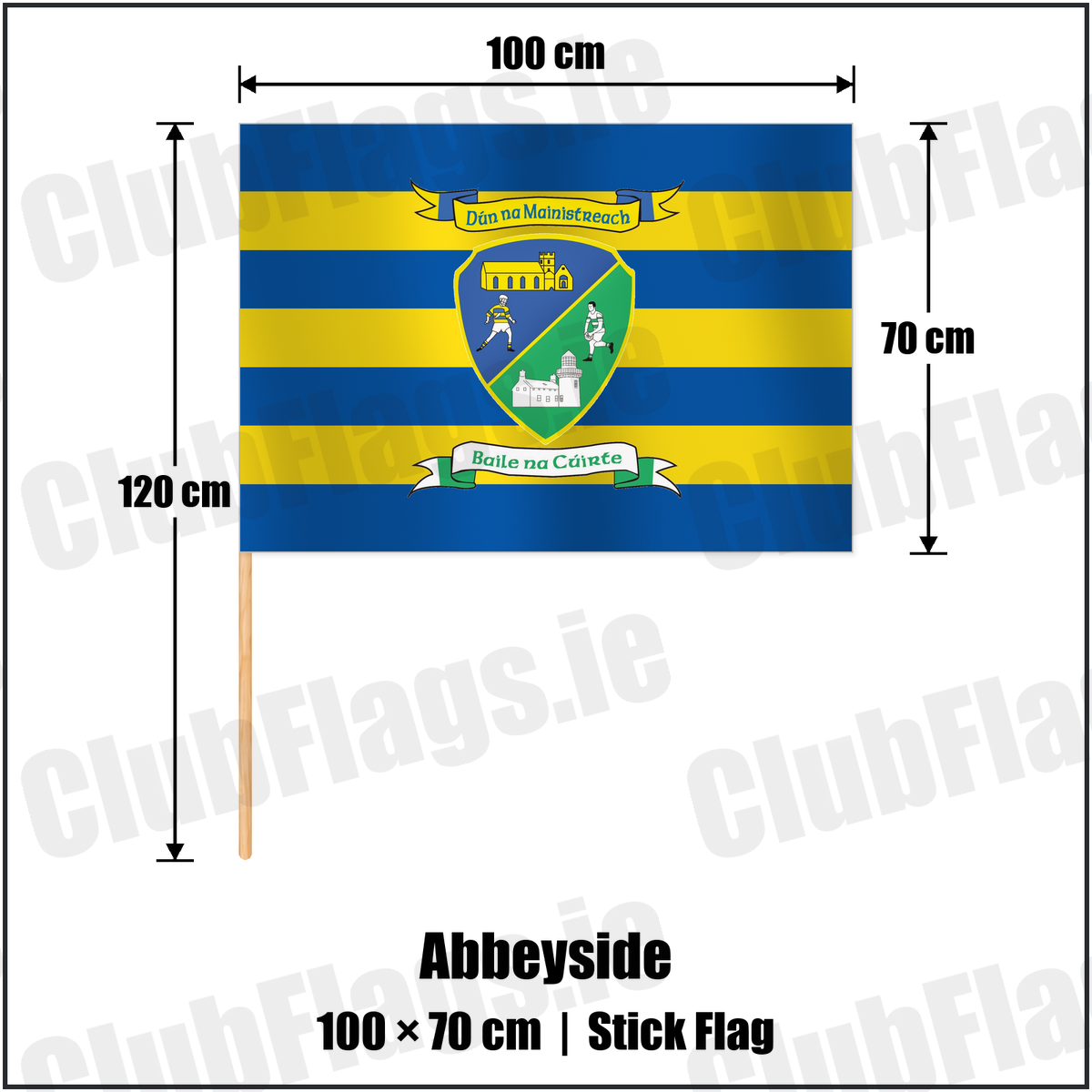 Abbeyside 70cm x 100cm Stick Flag with the club crest and colours, Waterford GAA - ClubFlags.ie