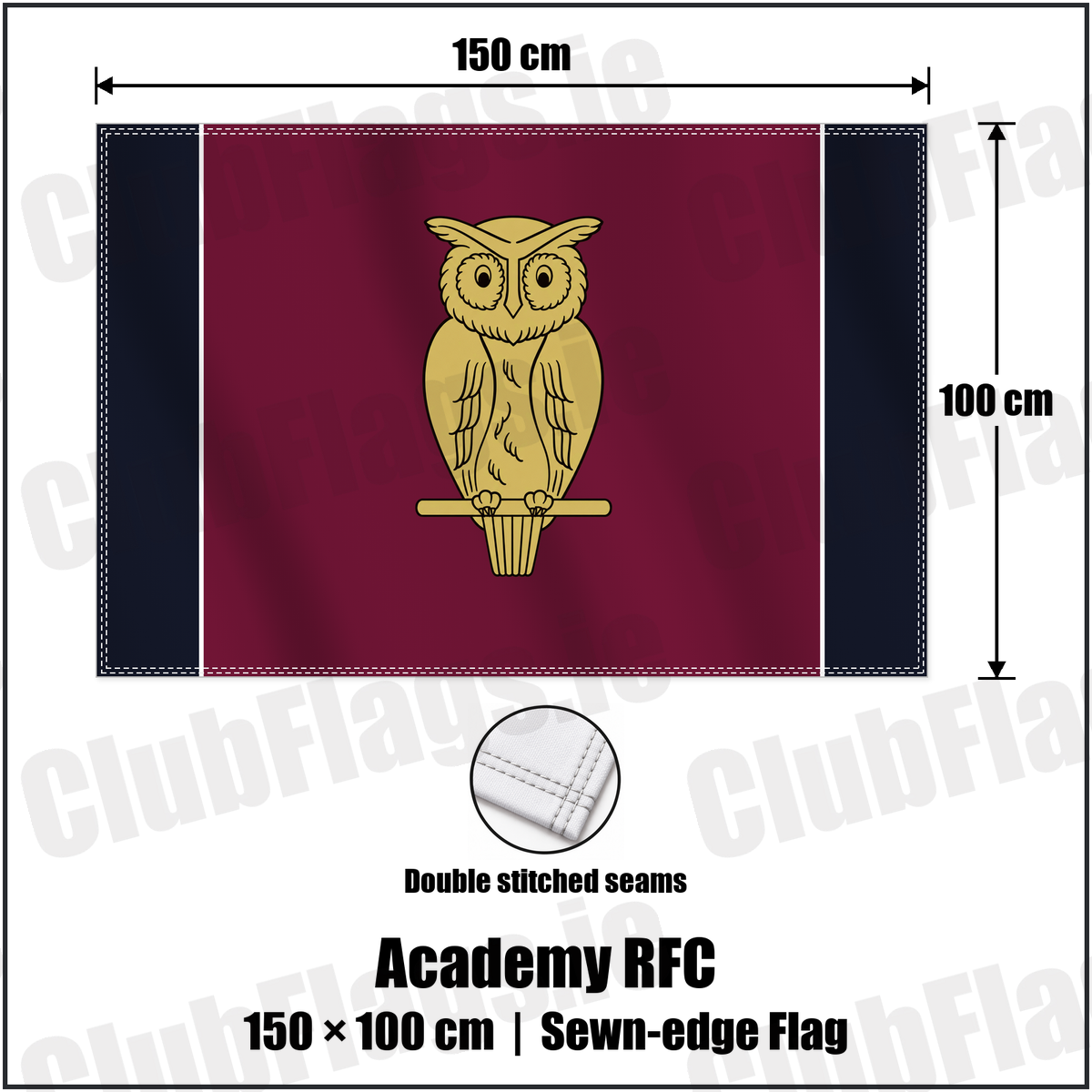 Academy RFC 100cm x 150cm Flag (sewn on the edges) with the club crest and colours, Antrim Rugby - ClubFlags.ie