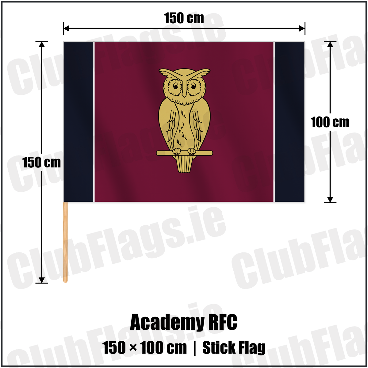 Academy RFC 100cm x 150cm Stick Flag with the club crest and colours, Antrim Rugby - ClubFlags.ie