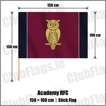 Academy RFC 100cm x 150cm Stick Flag with the club crest and colours, Antrim Rugby - ClubFlags.ie