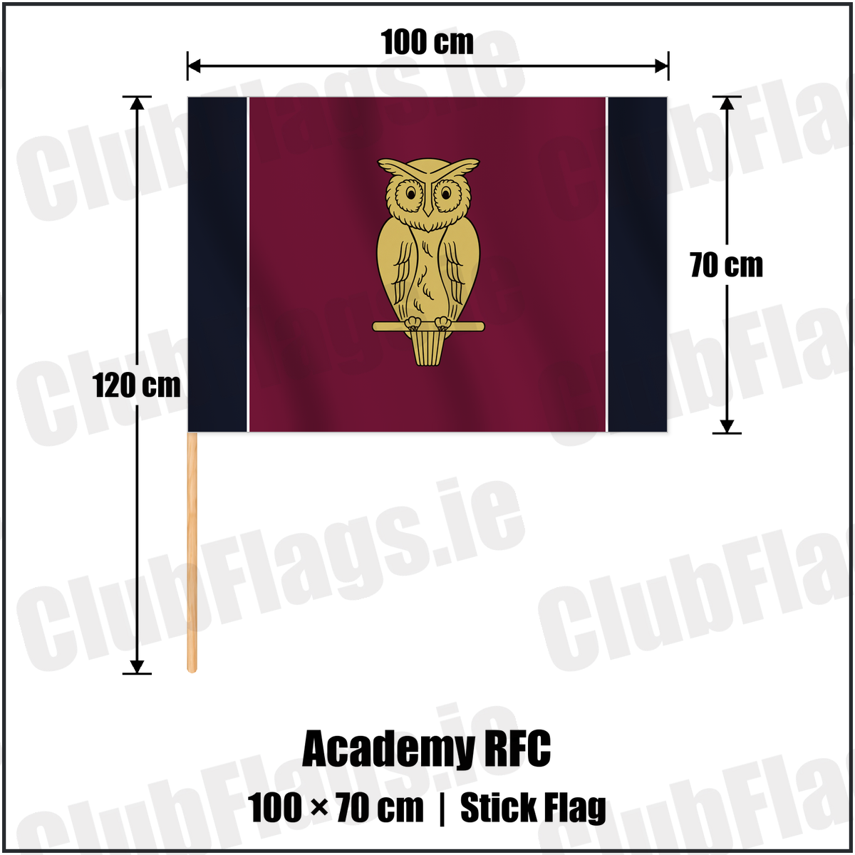 Academy RFC 70cm x 100cm Stick Flag with the club crest and colours, Antrim Rugby - ClubFlags.ie