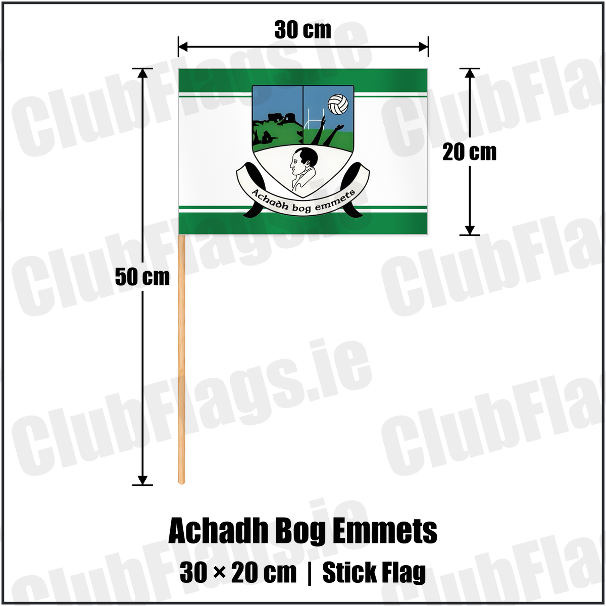 Achadh Bog Emmets 20cm x 30cm Stick Flag with the club crest and colours, Monaghan GAA - ClubFlags.ie