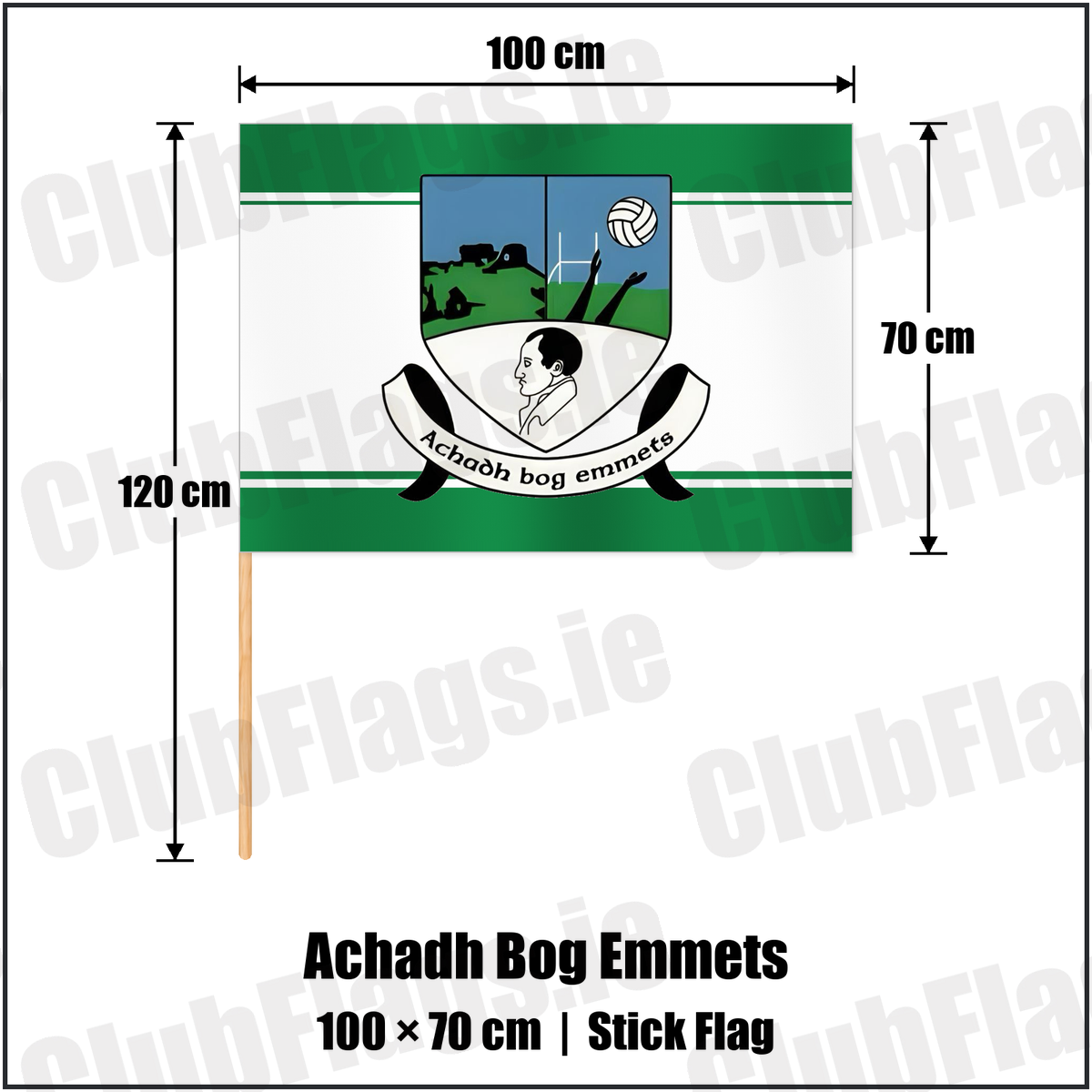Achadh Bog Emmets 70cm x 100cm Stick Flag with the club crest and colours, Monaghan GAA - ClubFlags.ie